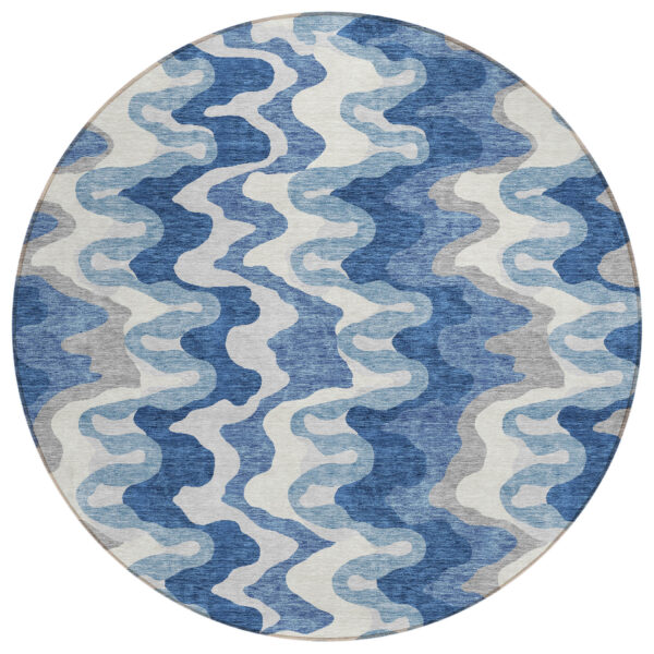 8' Navy Blue And Sky Blue Round Abstract Washable Indoor Outdoor Area Rug
