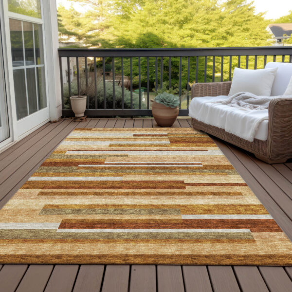 10' X 14' Orange Copper And Taupe Striped Washable Indoor Outdoor Area Rug