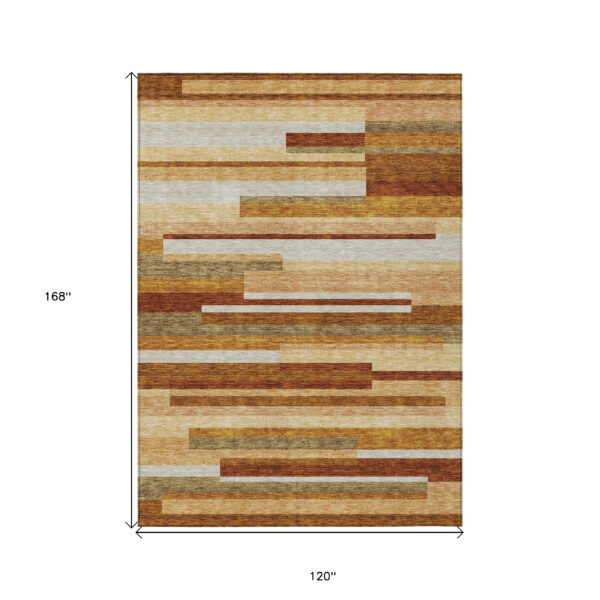 10' X 14' Orange Copper And Taupe Striped Washable Indoor Outdoor Area Rug