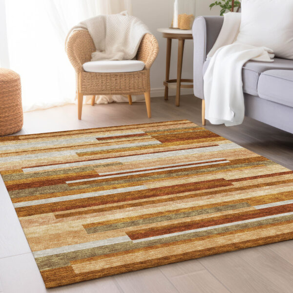 10' X 14' Orange Copper And Taupe Striped Washable Indoor Outdoor Area Rug