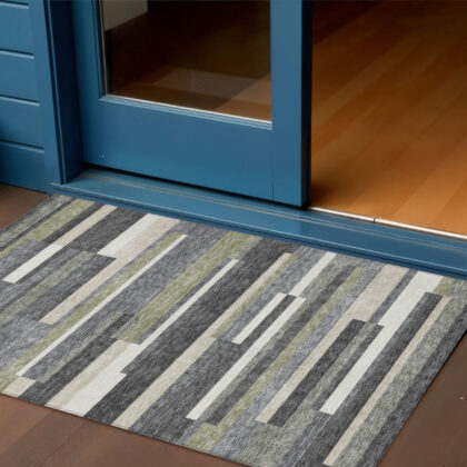 3' X 5' Charcoal Gray And Silver Striped Washable Indoor Outdoor Area Rug