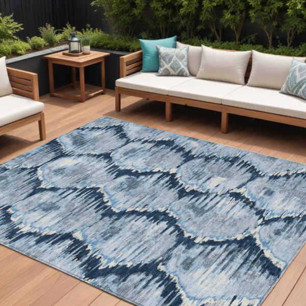 8' X 10' Navy Blue Sky Blue And Ivory Abstract Washable Indoor Outdoor Area Rug