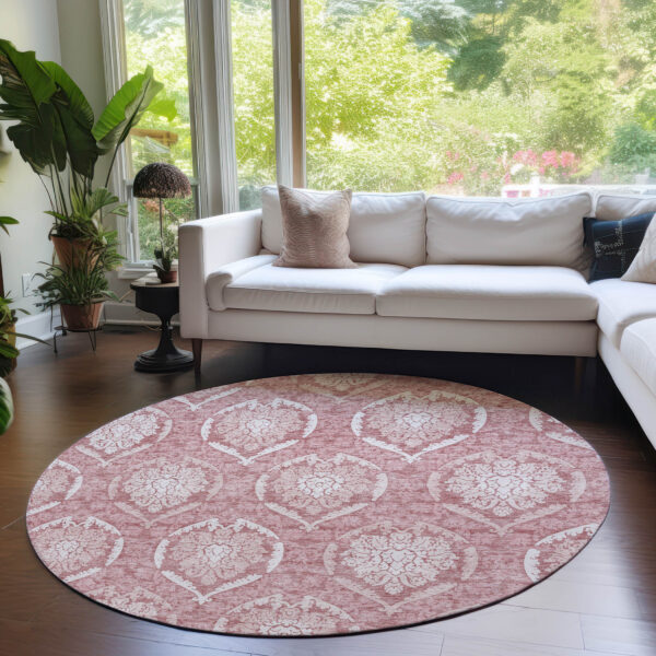 8' Pink Blush And Ivory Round Medallion Washable Indoor Outdoor Area Rug