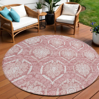 8' Pink Blush And Ivory Round Medallion Washable Indoor Outdoor Area Rug