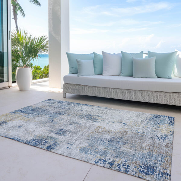 5' X 8' Denim Blue And Sky Blue Abstract Washable Indoor Outdoor Area Rug