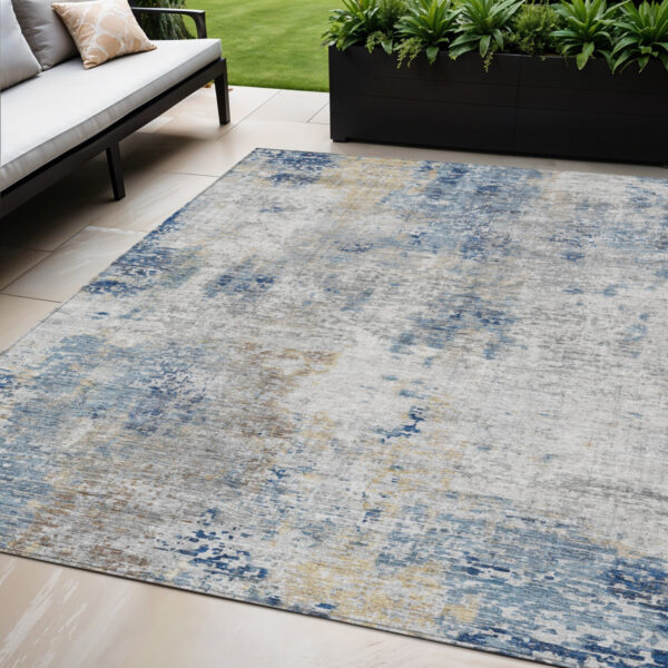 5' X 8' Denim Blue And Sky Blue Abstract Washable Indoor Outdoor Area Rug