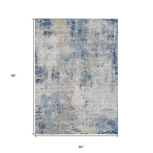 5' X 8' Denim Blue And Sky Blue Abstract Washable Indoor Outdoor Area Rug