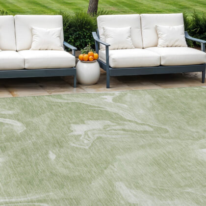 9' X 12' Artichoke Green Fern Green And Ivory Abstract Washable Indoor Outdoor Area Rug