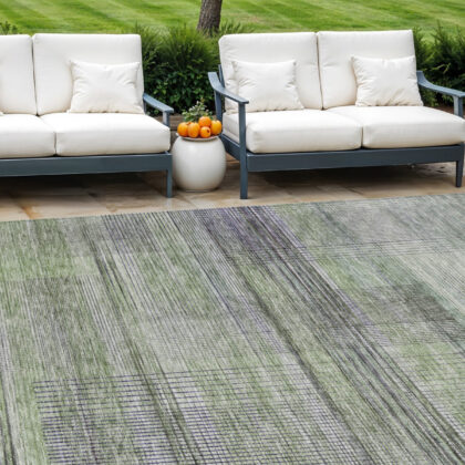 9' X 12' Artichoke Green Purple And Fern Green Striped Washable Indoor Outdoor Area Rug
