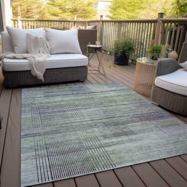 9' X 12' Artichoke Green Purple And Fern Green Striped Washable Indoor Outdoor Area Rug
