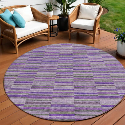 8' Purple And Lavender Round Striped Washable Indoor Outdoor Area Rug