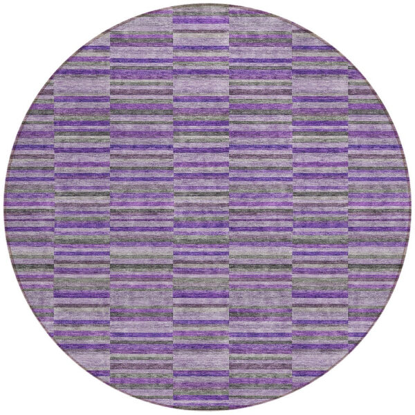 8' Purple And Lavender Round Striped Washable Indoor Outdoor Area Rug