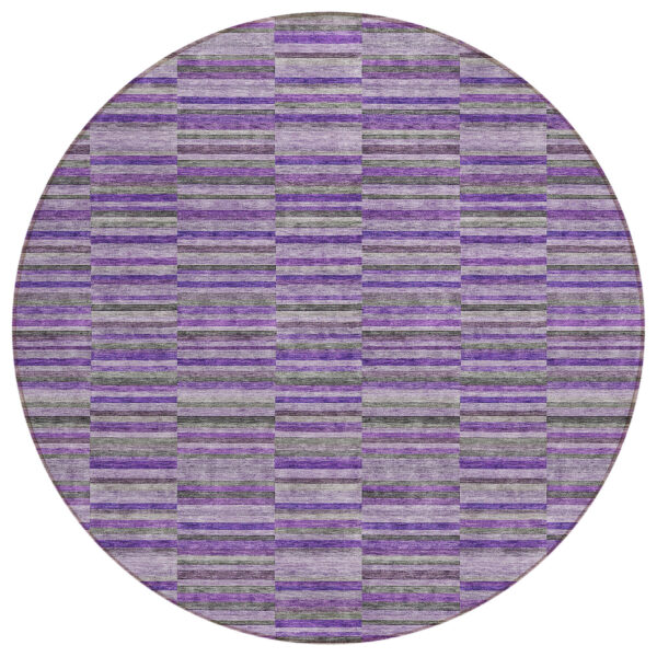 8' Purple And Lavender Round Striped Washable Indoor Outdoor Area Rug