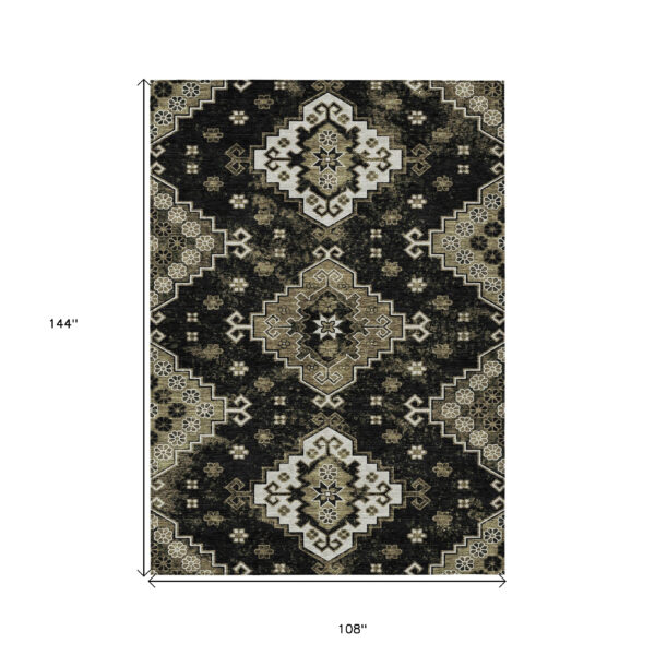 9' X 12' Black Ivory And Taupe Medallion Washable Indoor Outdoor Area Rug