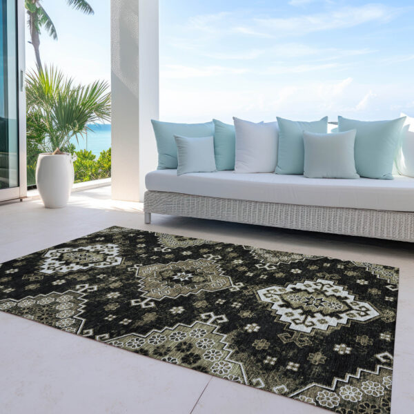9' X 12' Black Ivory And Taupe Medallion Washable Indoor Outdoor Area Rug