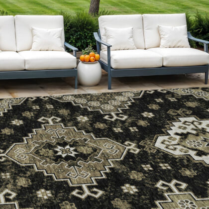 9' X 12' Black Ivory And Taupe Medallion Washable Indoor Outdoor Area Rug