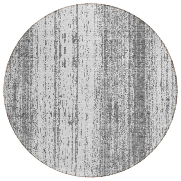 8' Gray And Ivory Round Striped Washable Indoor Outdoor Area Rug