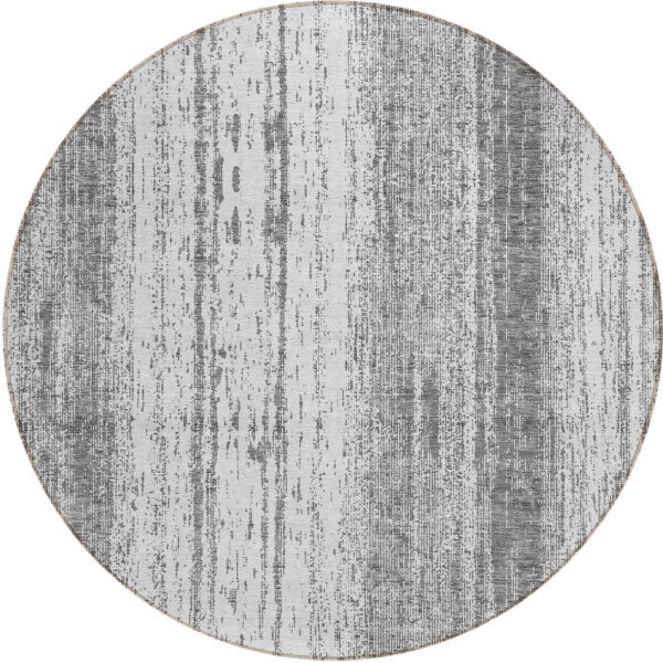 8' Gray And Ivory Round Striped Washable Indoor Outdoor Area Rug