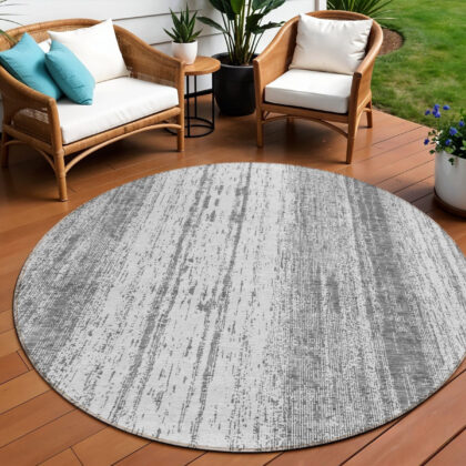 8' Gray And Ivory Round Striped Washable Indoor Outdoor Area Rug