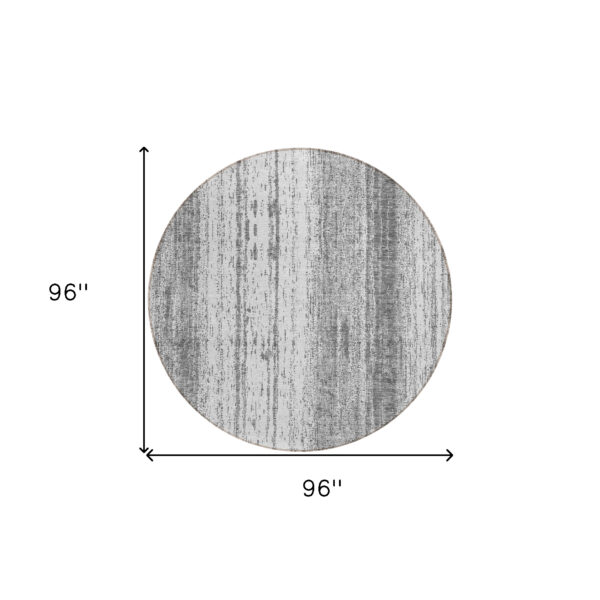 8' Gray And Ivory Round Striped Washable Indoor Outdoor Area Rug
