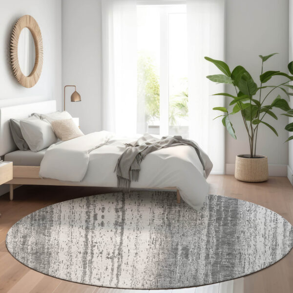 8' Gray And Ivory Round Striped Washable Indoor Outdoor Area Rug