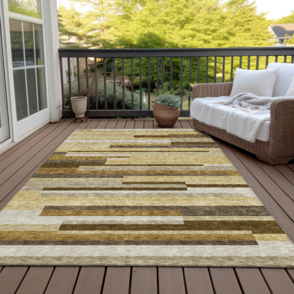 9' X 12' Khaki Taupe And Gold Striped Washable Indoor Outdoor Area Rug
