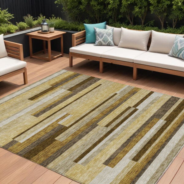 9' X 12' Khaki Taupe And Gold Striped Washable Indoor Outdoor Area Rug