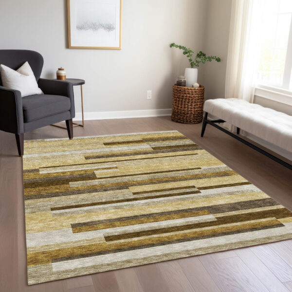 9' X 12' Khaki Taupe And Gold Striped Washable Indoor Outdoor Area Rug