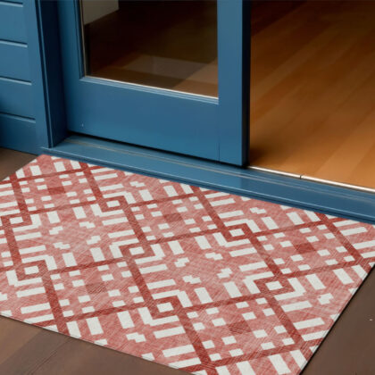 3' X 5' Red And Ivory Geometric Washable Indoor Outdoor Area Rug
