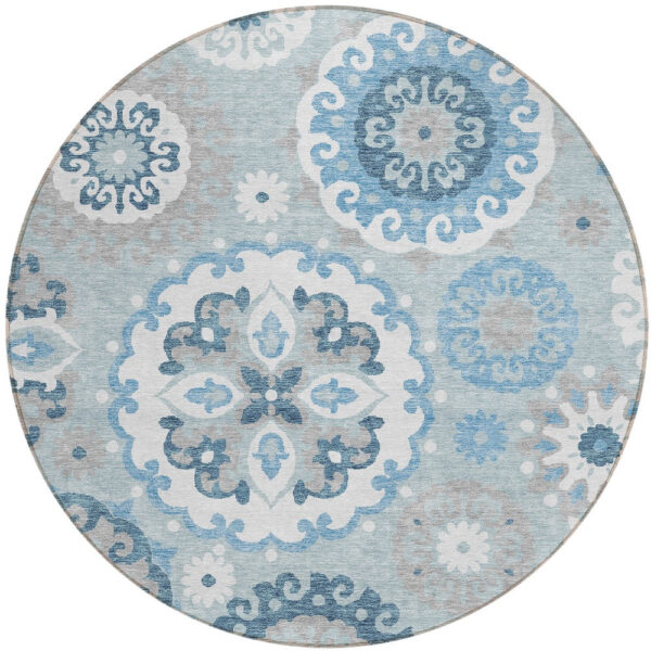 8' Sky Blue And Denim Blue Round Floral Medallion Washable Indoor Outdoor Area Rug