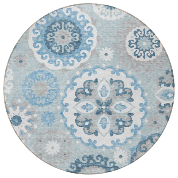 8' Sky Blue And Denim Blue Round Floral Medallion Washable Indoor Outdoor Area Rug