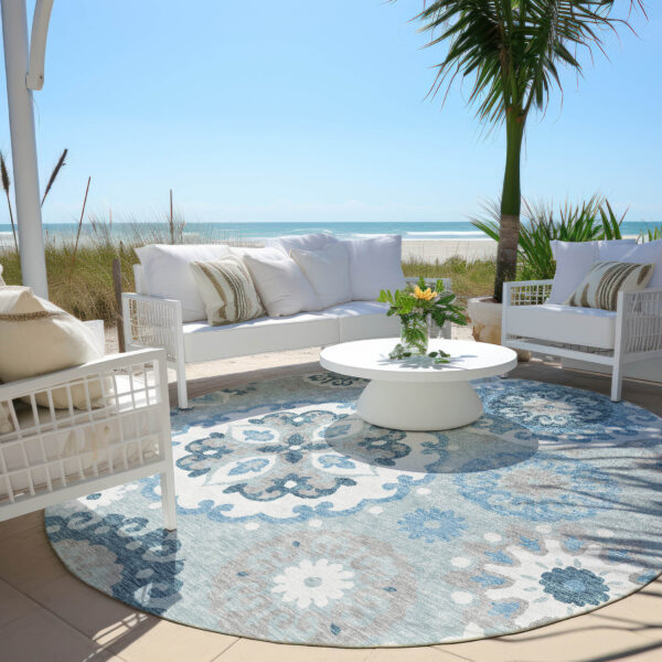 8' Sky Blue And Denim Blue Round Floral Medallion Washable Indoor Outdoor Area Rug