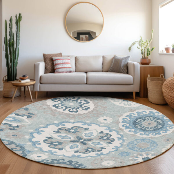8' Sky Blue And Denim Blue Round Floral Medallion Washable Indoor Outdoor Area Rug