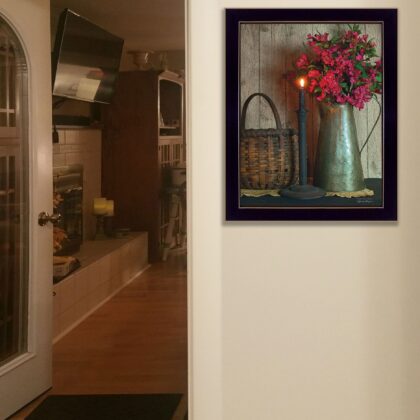 Basket And Blossoms Black Framed Print Wall Art