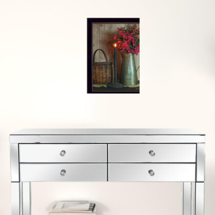 Basket And Blossoms Black Framed Print Wall Art