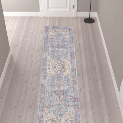 10' Gray Floral Power Loom Distressed Washable Runner Rug