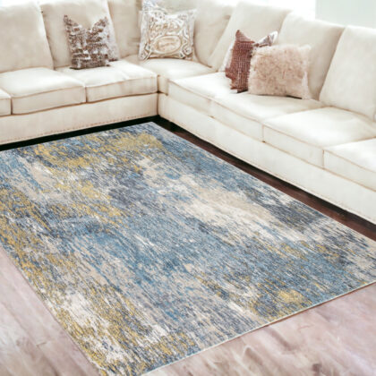 5' X 8' Blue And Gold Abstract Dhurrie Area Rug