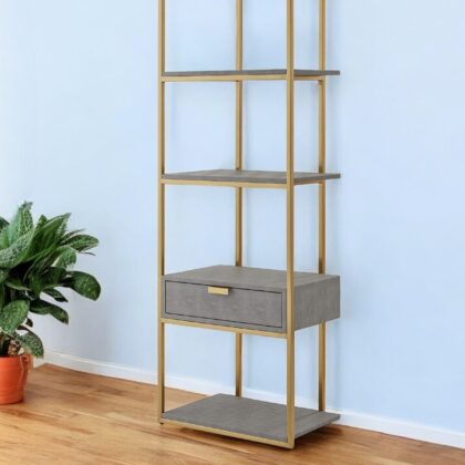 68" Gray Stainless Steel Four Tier Etagere Bookcase with a drawer