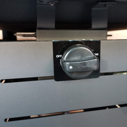 Black Slatted Metal Square Fire Pit with Glass Rocks
