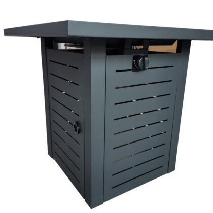 Black Slatted Metal Square Fire Pit with Glass Rocks