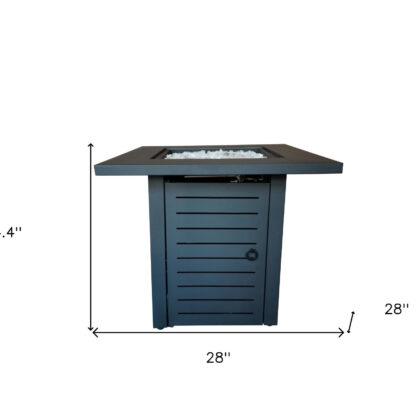 Black Slatted Metal Square Fire Pit with Glass Rocks