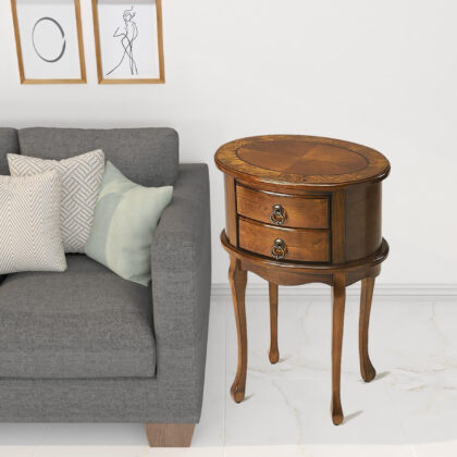 26" Medium Brown And Olive Ash Manufactured Wood Oval End Table With Two Drawers