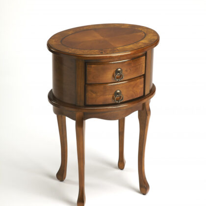 26" Medium Brown And Olive Ash Manufactured Wood Oval End Table With Two Drawers