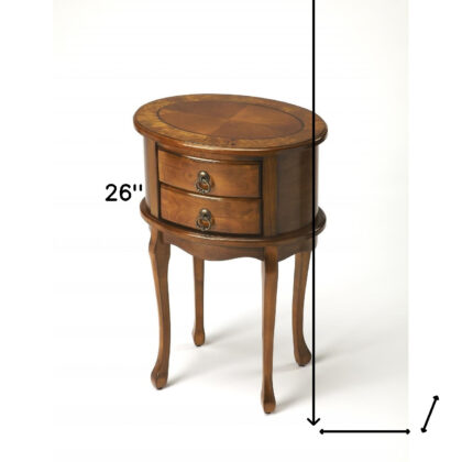 26" Medium Brown And Olive Ash Manufactured Wood Oval End Table With Two Drawers