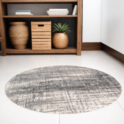 5' Gray and White Round Abstract Non Skid Area Rug
