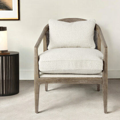 29" Cream And Brown Boucle Arm Chair And Toss Pillow
