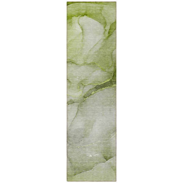 8' Runner Olive Green Abstract Washable Non Skid Indoor Outdoor Runner Rug