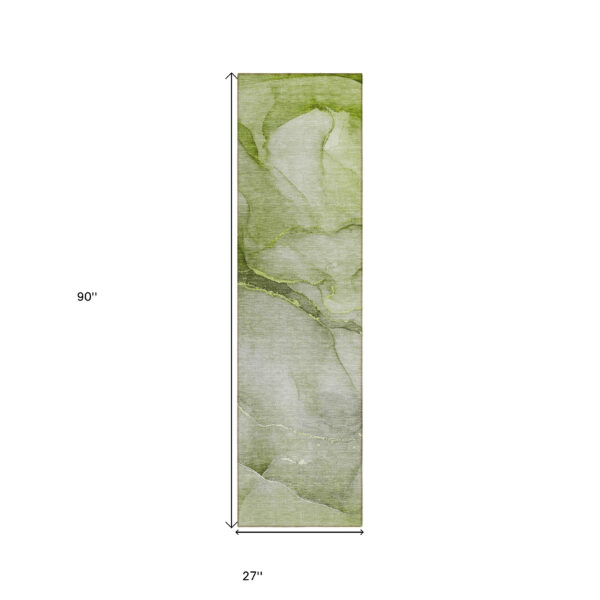 8' Runner Olive Green Abstract Washable Non Skid Indoor Outdoor Runner Rug