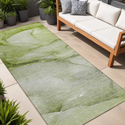 8' Runner Olive Green Abstract Washable Non Skid Indoor Outdoor Runner Rug