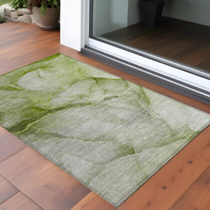 3' X 5' Olive Green Abstract Washable Non Skid Indoor Outdoor Area Rug